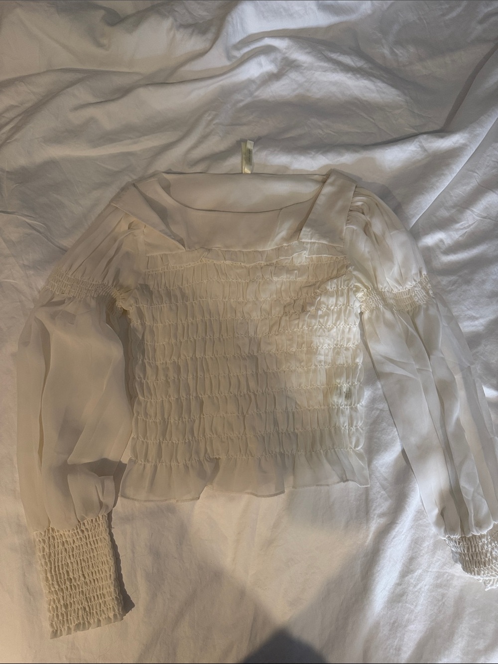 Truth NYC Cream Smocked Sheer Long-Sleeve Blouse